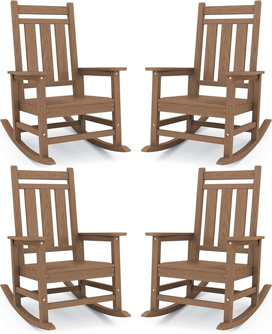 KINGYES Oversized Outdoor Rocking Chair Set of 4, All-Weather Patio Rocking Chairs for Porch, HDPE Outdoor Patio Rockers with High Back & Wide Seat for Garden, Lawn, Brown