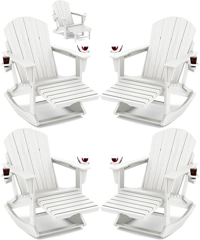 KINGYES Adirondack Rocking Chair Set of 4 with Retractable Ottoman and Cup Holders, HDPE Adirondack Rocker Patio Rocking Chair for Porch, Patio, Balcony, White