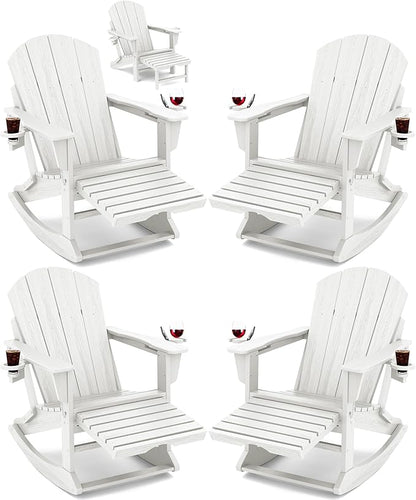 KINGYES Adirondack Rocking Chair Set of 4 with Retractable Ottoman and Cup Holders, HDPE Adirondack Rocker Patio Rocking Chair for Porch, Patio, Balcony, White