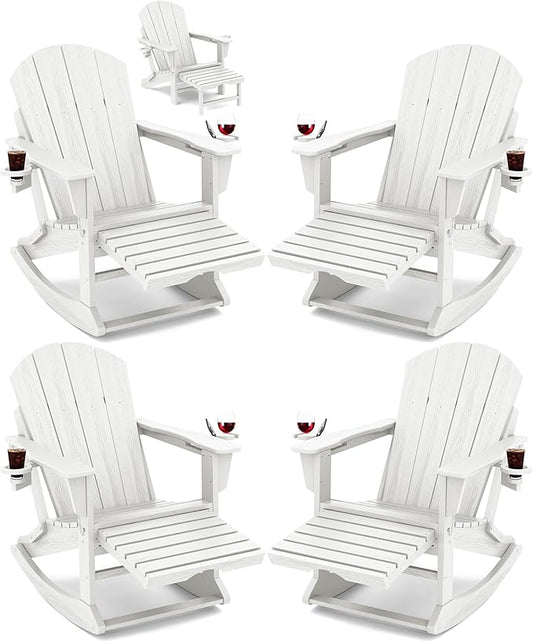 KINGYES Adirondack Rocking Chair Set of 4 with Retractable Ottoman and Cup Holders, HDPE Adirondack Rocker Patio Rocking Chair for Porch, Patio, Balcony, White