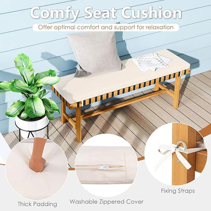 Tangkula Acacia Wood Outdoor Bench with Padded Cushion, 48" Long Dining Bench with Washable Zippered Cover, Backless Wooden Entryway Bench, Garden Poolside Porch Balcony Deck Indoor Furniture (2)
