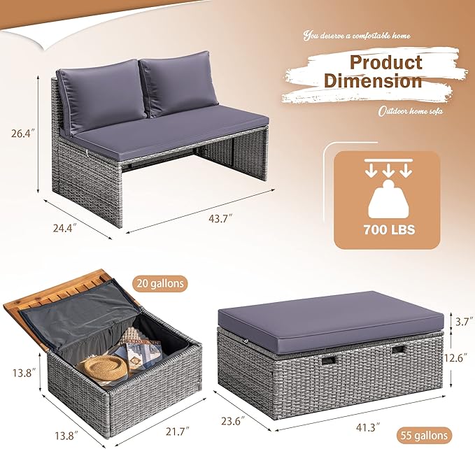 Devoko Patio Day Bed with 2 Side Tables Outdoor Daybed Set MultifunctionalRattan Lounge Bed for Backyard Porch Poolside - Photo 5