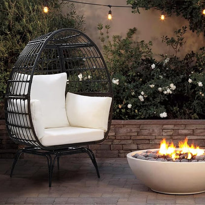 Oversized 360° Swivel Rattan Egg Chair for Adult, Indoor Outdoor Patio Large Wicker Egg Chair with Overstuffed Cushions, 440lb Weight Capacity, Black Rattan with Beige Cushion