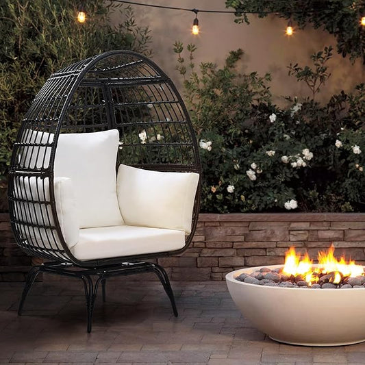 Oversized 360° Swivel Rattan Egg Chair for Adult, Indoor Outdoor Patio Large Wicker Egg Chair with Overstuffed Cushions, 440lb Weight Capacity, Black Rattan with Beige Cushion