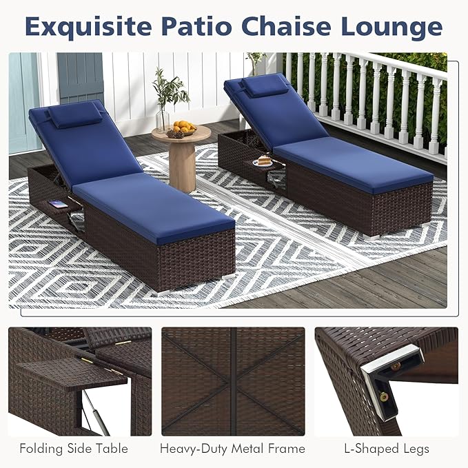 Tangkula Patio Chaise Lounge, Outdoor Rattan Lounge Chair w/ 6-Level Backrest, Comfy Seat Cushion & Headrest, Sturdy Metal Frame, Outside Reclining Chair for Backyard, Poolside (1, Navy)