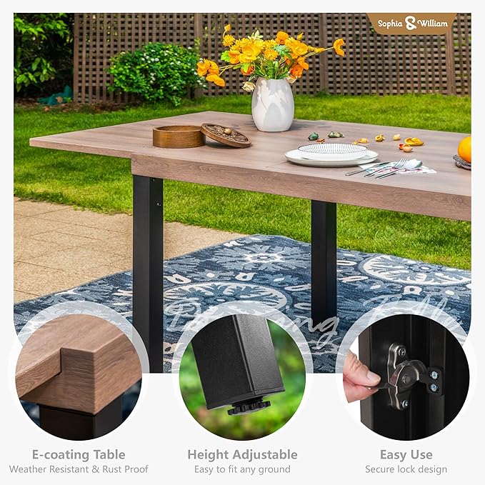 Sophia & William Expandable Patio Dining Table, Extra Large 99.2" L x 35.5" W Outdoor Dining Table for 6-10 Person Metal Rectangular Patio Table with E-Coating for Garden Porch Deck, Brown
