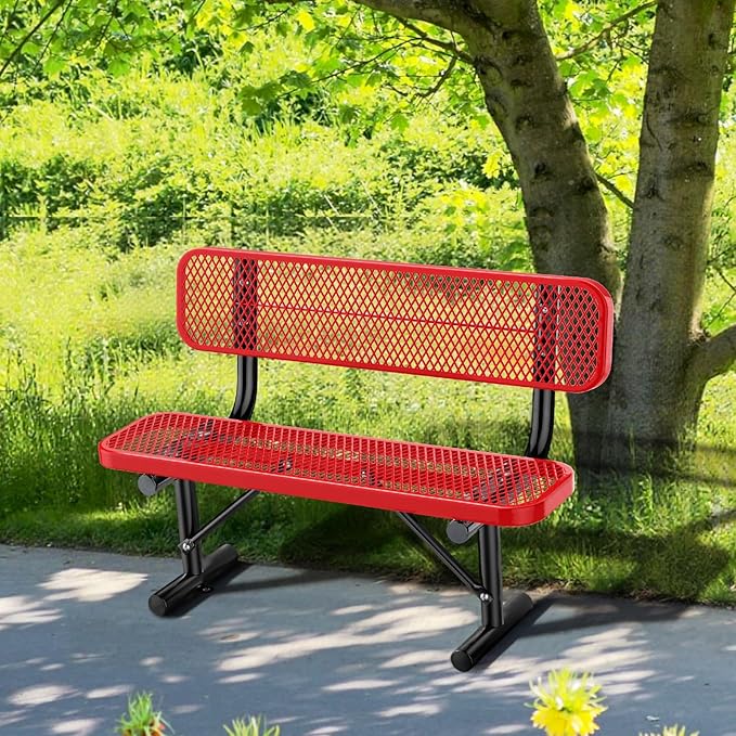 4 Feet Heavy Duty Park Bench with Back Portable Frame, Outdoor Steel Bench with Backrest, Expanded Metal Mesh Bench for Lawn, Park, Deck, Garden, Patio, Porch, Red