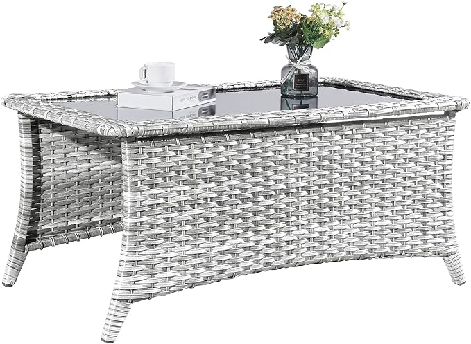 Wicker Outdoor Coffee Table - 46 Inch Tempered Glass Top Patio Coffee Table Can Storage 2 Ottomans, Rattan Outdoor Table Rectangle for Patio for Porch, Balcony, Deck and Garden - Light Gray