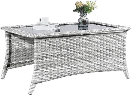 Wicker Outdoor Coffee Table - 46 Inch Tempered Glass Top Patio Coffee Table Can Storage 2 Ottomans, Rattan Outdoor Table Rectangle for Patio for Porch, Balcony, Deck and Garden - Light Gray