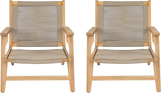Christopher Knight Home Veera Patio Chair Set of 2 with Acacia Wood Frame and Handwoven Rope, Outdoor Lounge Chair, Stylish Outdoor Accent Chair for Garden/Deck/Backyard, Beige + Light Teak