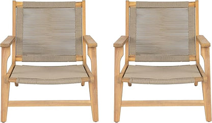 Christopher Knight Home Veera Patio Chair Set of 2 with Acacia Wood Frame and Handwoven Rope, Outdoor Lounge Chair, Stylish Outdoor Accent Chair for Garden/Deck/Backyard, Beige + Light Teak