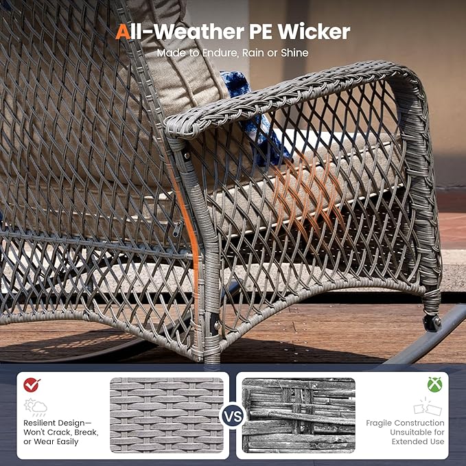 UDPATIO 3 Piece Patio Furniture Set, Wicker Rocking Bistro Set with 2 Rockers, 1 Side Table and 4‘’ Thick Cushions for Backyard, Porch, Balcony, Poolside, Grey/Beige