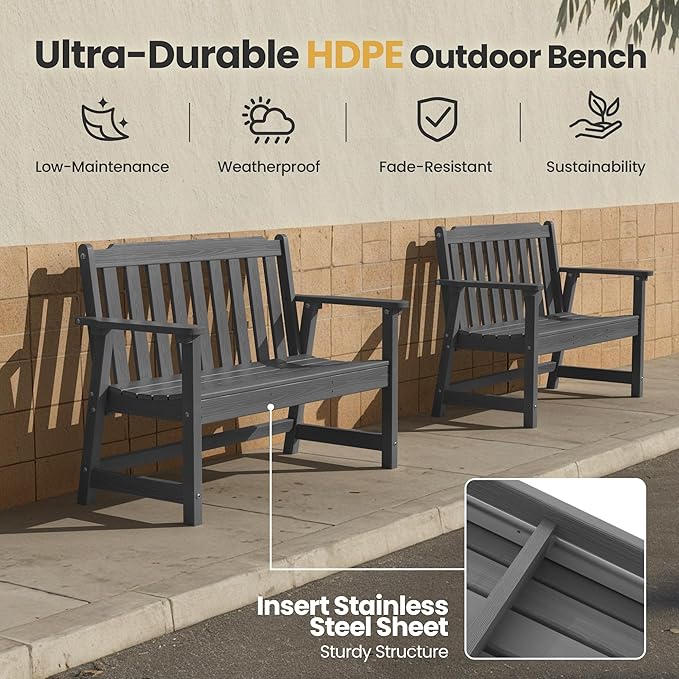 Ciokea 49" Heavy Duty Outdoor Bench, HDPE Weatherproof Porch Benches, Durable 2-Person Garden Benches with 660 Lbs - Photo 3