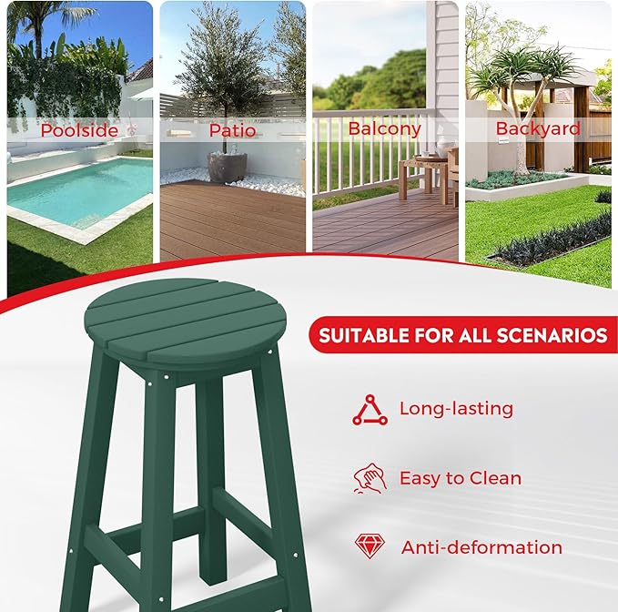 Costaelm 24" Height Outdoor Bar Stools, All-Weather Bar Stools, Adirondack Poly Patio Round Bar Stool for Patio, Deck, Kitchen Counter and Garden, Dark Green