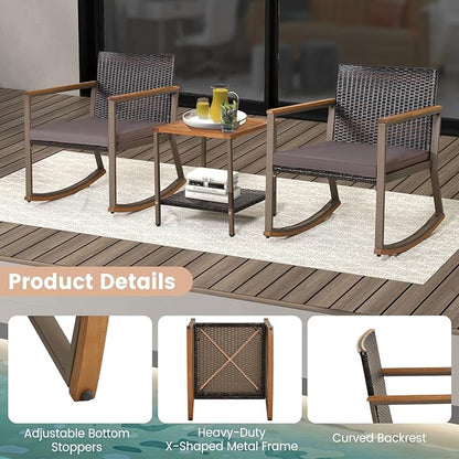 HAPPYGRILL 3-Piece PE Rattan Outdoor Rocking Chair Set with Coffee Table, Gentle & Smooth Rocking, Soft Seat Cushions, Ergonomic Design, Relaxing & Dining Conversation Set