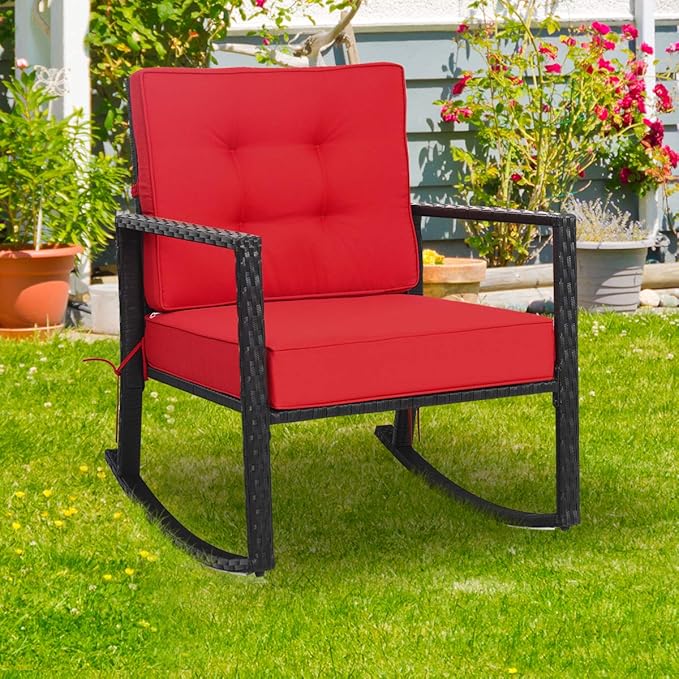 Tangkula Wicker Rocking Chair, Outdoor Glider Rattan Rocker Chair with Heavy-Duty Steel Frame, Patio Wicker Furniture Seat with 5” Thick Cushion for Garden, Porch, Backyard, Poolside (2, Red)