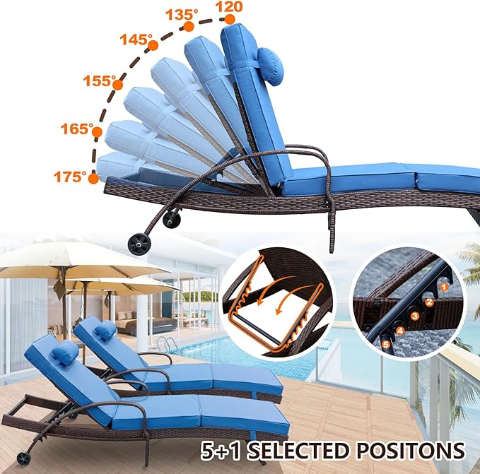 NOBLEMOOD Outdoor Lounge Chairs Set of 4 Beach Wicker Chaise Lounge with Wheels, Cushion, Adjustable Backrest for Outside Pool Sun Shelf Tanning Bathing (Blue)