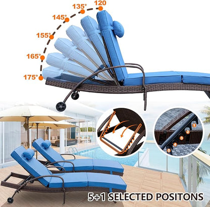 NOBLEMOOD Outdoor Lounge Chairs Set of 6 Beach Wicker Chaise Lounge with Wheels, Cushion, Adjustable Backrest and Pillow for Outside Pool Sun Shelf Tanning Bathing (Blue)