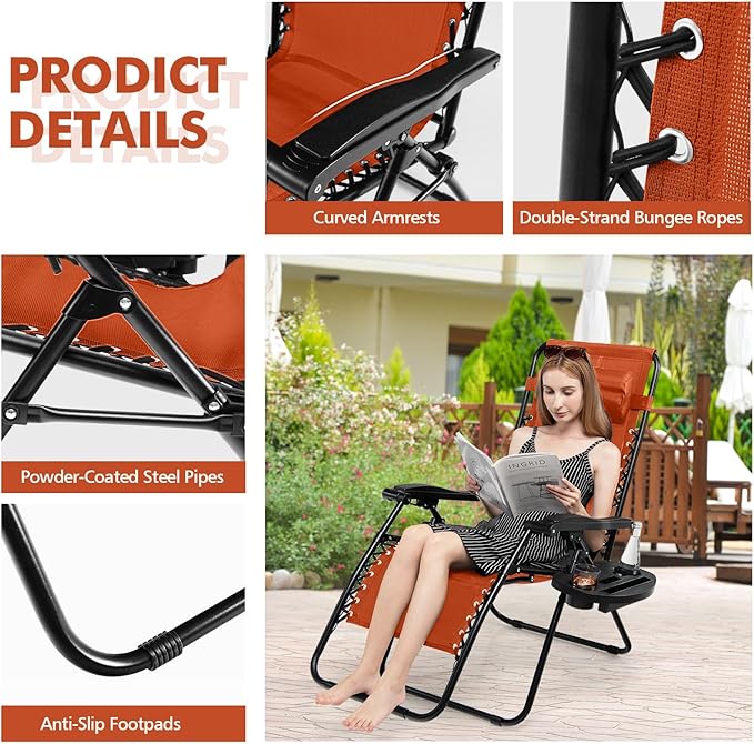 Tangkula Zero Gravity Chair, Folding Patio Lounge Chair Adjustable Outdoor Recliner with Cup Holder - Photo 7
