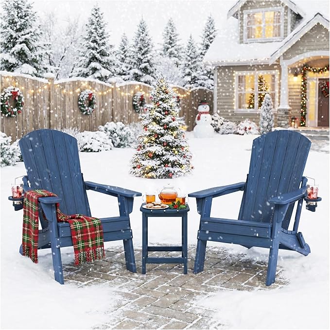 Folding Adirondack Chair Set of 2 with Cup Holder, HDPE All Weather Resistant Plastic Outdoor Patio Chairs, Heavy Duty Fire Pit Seating for Backyard Lawn Garden, Wooden Textured Design(Navy Blue)