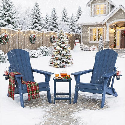 Folding Adirondack Chair Set of 2 with Cup Holder, HDPE All Weather Resistant Plastic Outdoor Patio Chairs, Heavy Duty Fire Pit Seating for Backyard Lawn Garden, Wooden Textured Design(Navy Blue)