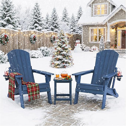 Folding Adirondack Chair Set of 2 with Cup Holder, HDPE All Weather Resistant Plastic Outdoor Patio Chairs, Heavy Duty Fire Pit Seating for Backyard Lawn Garden, Wooden Textured Design(Black)