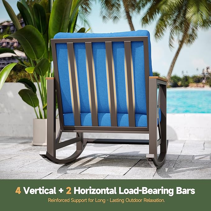 Rocking Bistro Set, 3-Piece Patio Conversation Set, Galvanized Frame Patio Rocking Chairs Set of 2 with Coffee Table and Thickened All-Weather Cushion (Blue)