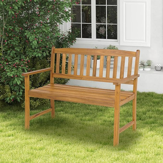 Wooden Garden Bench, Outdoor Bench Acacia Wood with Slatted Seat, Comfy Backrest & Armrest, 2-Person Loveseat Patio Bench for Porch Balcony Backyard Park, 800 LBS Max Load (43” x 22" x 34")