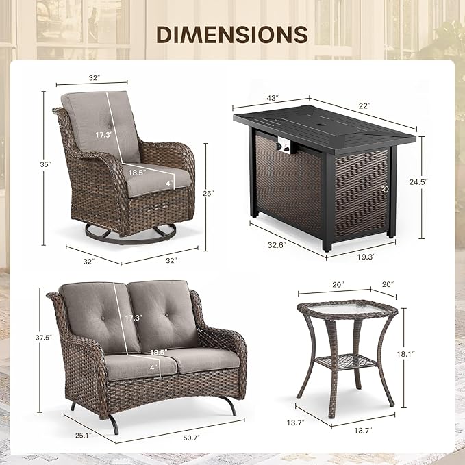 Patio Loveseat Glider Set, Resin Wicker Loveseat Glider with 4 Swivel Patio Chiars Rectangular Firepit Table, 7 Piece Patio Conversation Loveseat Set, Brown Wicker|Grey Cushions