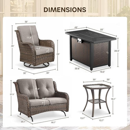 Patio Loveseat Glider Set, Resin Wicker Loveseat Glider with 4 Swivel Patio Chiars Rectangular Firepit Table, 7 Piece Patio Conversation Loveseat Set, Brown Wicker|Grey Cushions