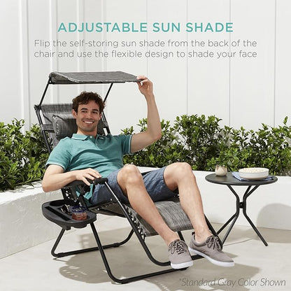 Best Choice Products 30” Wide Folding Zero Gravity Outdoor Recliner Patio Lounge Chair w/Adjustable Canopy Shade, Headrest, Side Accessory Tray - Black