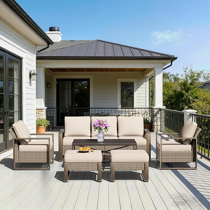 6 Pieces Metal Wicker Patio Furniture Set - 75" Sofa, 2 Armchairs and 2 Ottomans - Photo 9