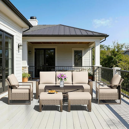 6 Pieces Metal Wicker Patio Furniture Set - 75" Sofa, 2 Armchairs and 2 Ottomans, 1 Coffee Table All Weather Rattan Outdoor Conversation Furniture with Washable Cushion for Deck Porch, Beige