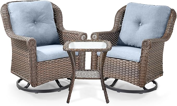 3 Piece Patio Swivel Chairs and Side Table Set - High Back Outdoor Brown Wicker Rattan Rocking Glider with Thick - Photo 1