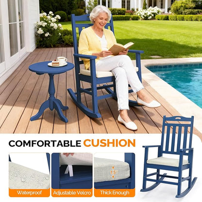 VINGLI Outdoor Rocking Chair, Heavy Duty 450 lbs Poplar Wooden Rocking Chair with High Backrest Design, Come with a Cushion, All-Weather Lounge Rocker Support for Garden, Deck (Navy Blue, 2 PCS)