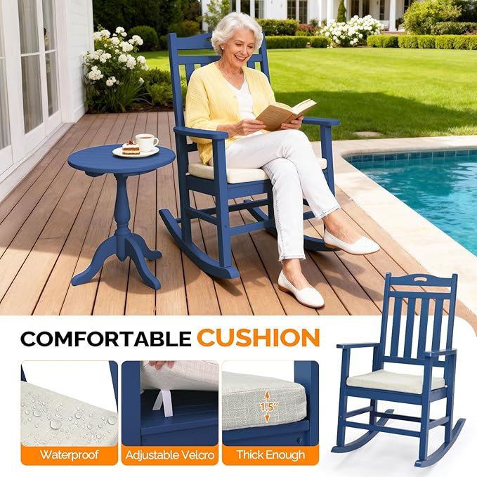 VINGLI Outdoor Rocking Chair, Heavy Duty 450 lbs Poplar Wooden Rocking Chair with High Backrest Design, Come with a Cushion, All-Weather Lounge Rocker Support for Garden, Deck (Navy Blue, 1 PC)