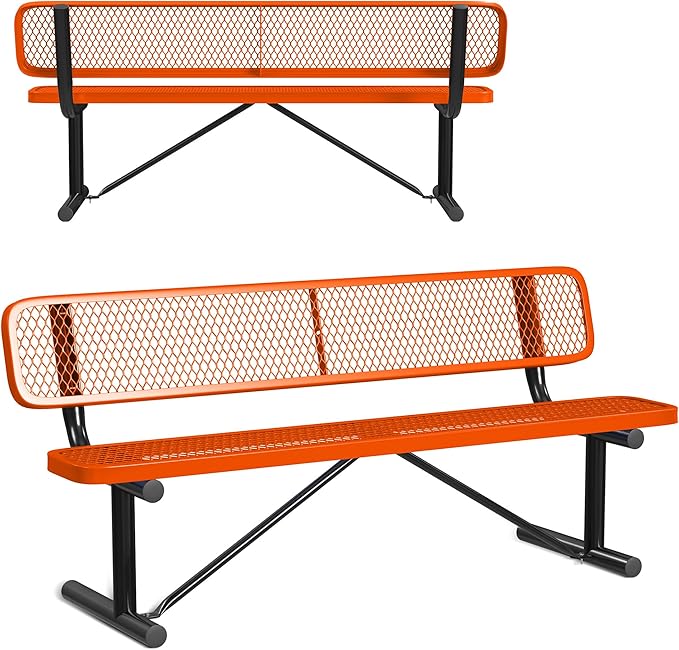 Leisure Craft Metal Outdoor Bench with Back - 6 Foot Heavy Duty Bench Seating for Garden, Porch, Picnic, Park, Expanded Metal, Thermoplastic Coating, Commercial Grade Furniture Made in USA - Orange