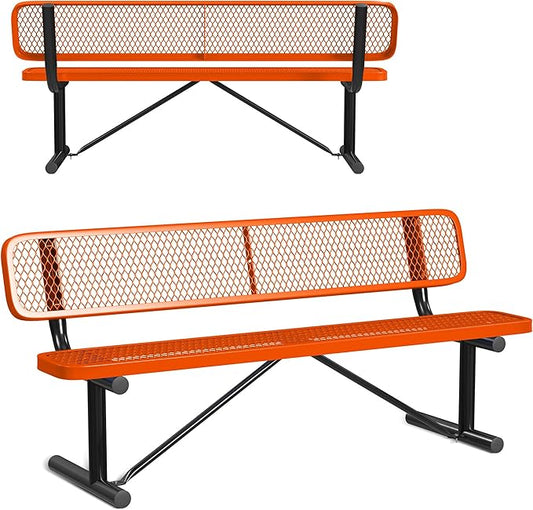 Leisure Craft Metal Outdoor Bench with Back - 6 Foot Heavy Duty Bench Seating for Garden, Porch, Picnic, Park, Expanded Metal, Thermoplastic Coating, Commercial Grade Furniture Made in USA - Orange