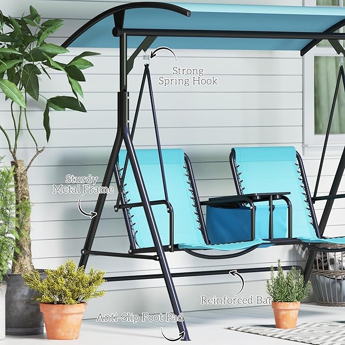 Outsunny 2-Seat Patio Swing Chair, Outdoor Canopy Swing Glider with Pivot Storage Table, Cup Holder, Adjustable Shade - Photo 6