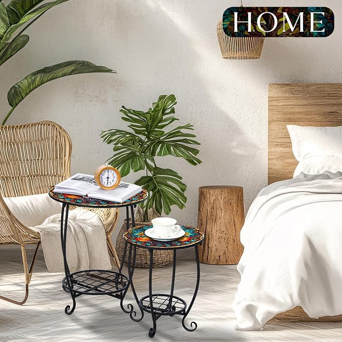 2 Pcs Outdoor Side Table Small Patio Round Mosaic Accent End Table Indoor Plant Metal Coffee Tea Tables for Patio Yard Porch Garden Living Room(12" and 16",Tree of Life)