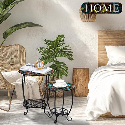 2 Pcs Outdoor Side Table Small Patio Round Mosaic Accent End Table Indoor Plant Metal Coffee Tea Tables for Patio Yard Porch Garden Living Room(12" and 16",Tree of Life)