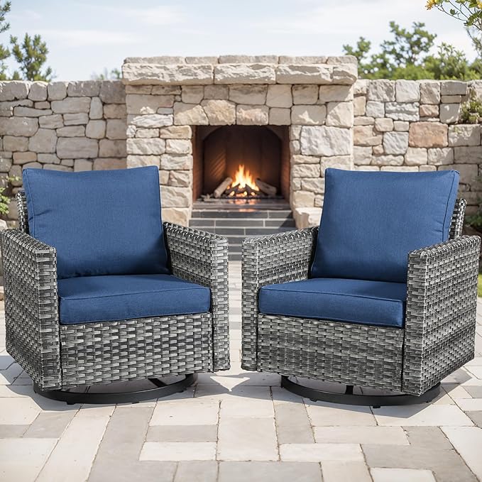 Outdoor Patio Swivel Rocker Chairs - Wicker Patio Swivel Rocking Chairs Set of 2 with Waterproof Wicker,Comfortable Cushions and Sturdy Metal Frame for Outside Porch Deck Backyard(Mixed Grey/Blue)