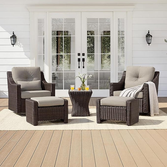 CHITA 5 Pieces Swivel Wicker Patio Furniture Set, Outdoor Conversation Set with 2 Pieces Rattan Rocking Swivel Chairs, 2 Pieces Ottomans, Thickened Cushions and Side Table