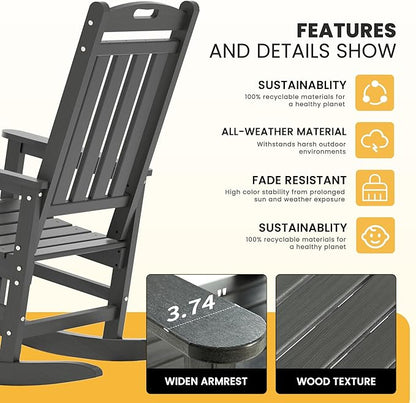 LOUNZY Outdoor Rocking Chair with Footboards Set of 5, HDPE Rocking Chair Patio Porch Rocker with 380lbs Support for Adult, Grey