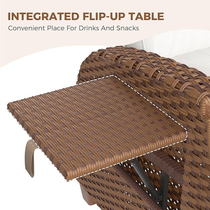 Grand patio Outdoor Recliner with Independent Adjustable Back and Footrest, Air Pump 150° Lay Flat Reclining Chair Removable Olefin Cushion Flip-Up Table Wicker Creamy White 1PC