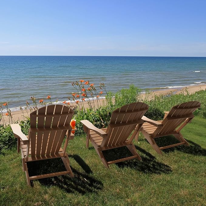 FUNBERRY Folding Adirondack Chair with Adjustable Backrest, HDPE All Weather Fire Pit Chairs with Cup Holder