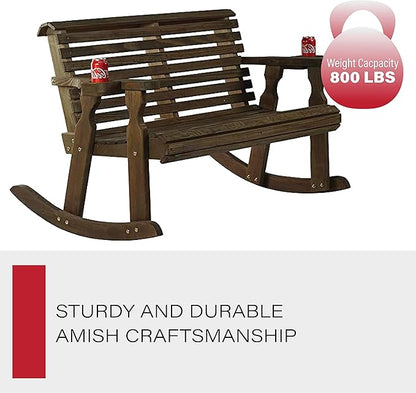 Amish Casual Heavy Duty 800 Lb Roll Back Pressure Treated Double Rocker with Cupholders (Dark Walnut Stain)