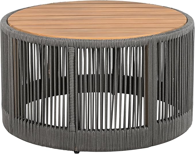 Round Rattan Coffee Table, Wood Outdoor Coffee Table, Rustic Patio Table Weather-Resistant Outdoor Furniture, for Garden - Photo 8