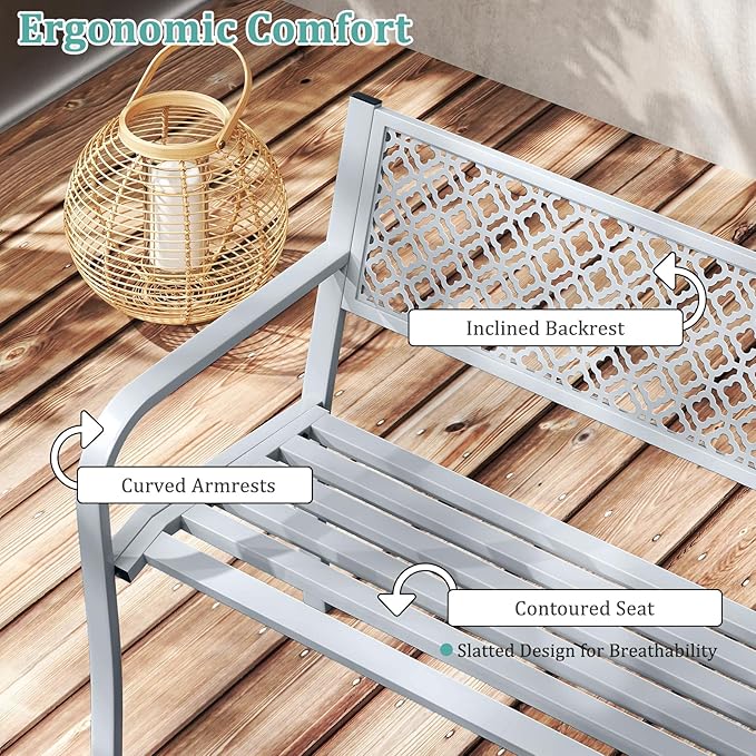 Tangkula 50 Inches Outdoor Garden Bench, Metal Patio Park Bench with Geometric Lattice Backrest, Armrests and Slatted Seat, Outdoor Loveseat Chair for Porch, Lawn and Yard (Grey)