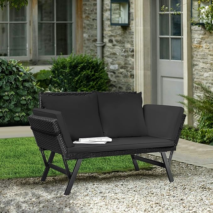 Greesum Outdoor Sofa, Woven Rattan Patio Furniture, Convertible Daybed or Double Chair with Adjustable Armrests - Photo 4